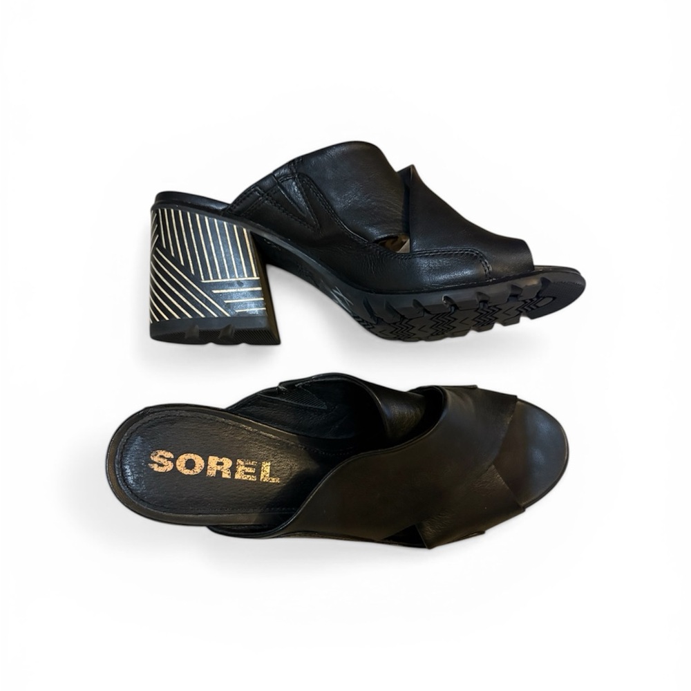 Sorel Black Leather Open-Toe Mule Sandals with Patterned Block Heel